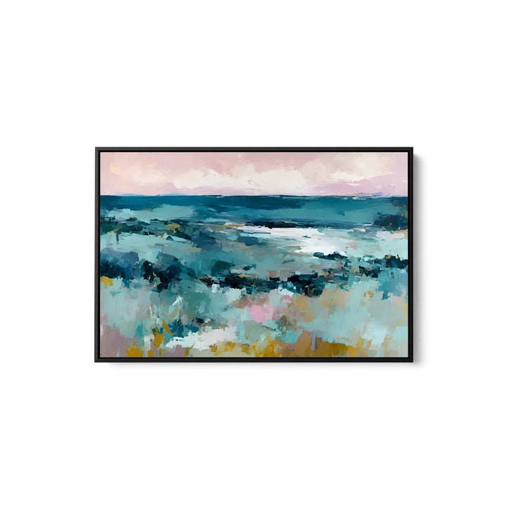 Abstract landscape painting in a sleek black frame with teal pink and gold textured brushstrokes on stretched canvas print