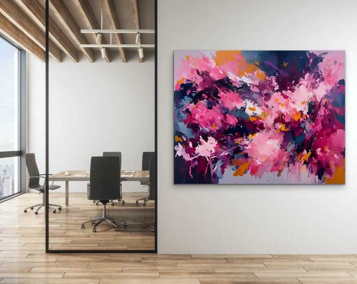 Come with us bold pink abstract floral stretched canvas print with vibrant pink magenta and orange on navy background
