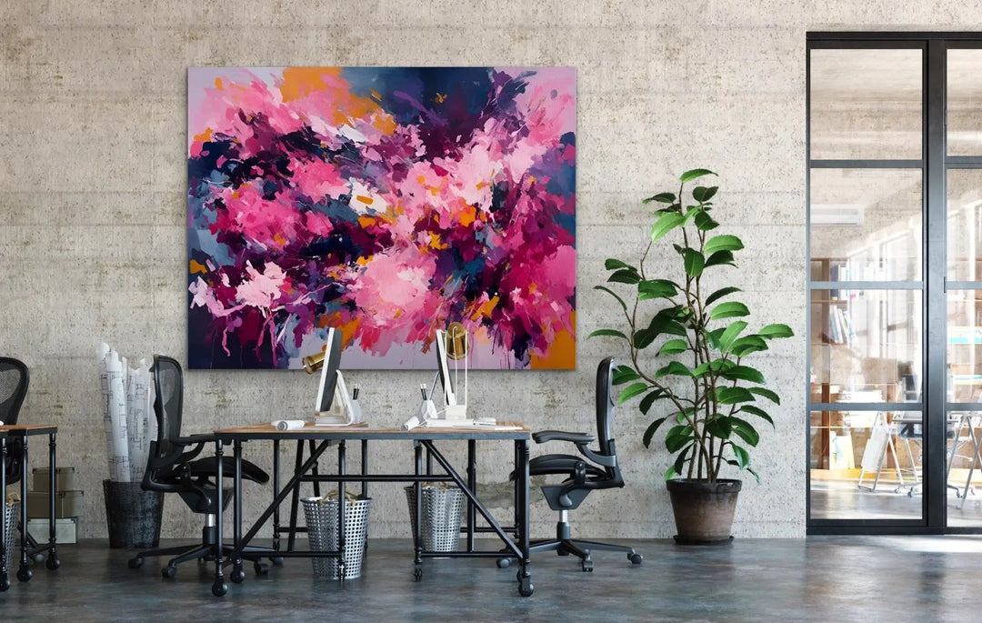 Come with us bold pink abstract floral stretched canvas print featuring vibrant pink magenta and orange splashes on navy background