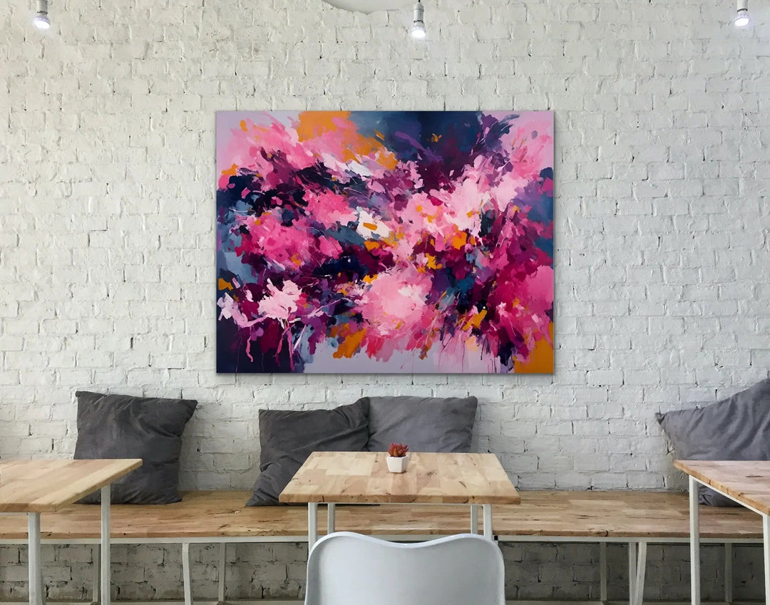 Come with us bold pink abstract floral stretched canvas print with vibrant splashes on navy background