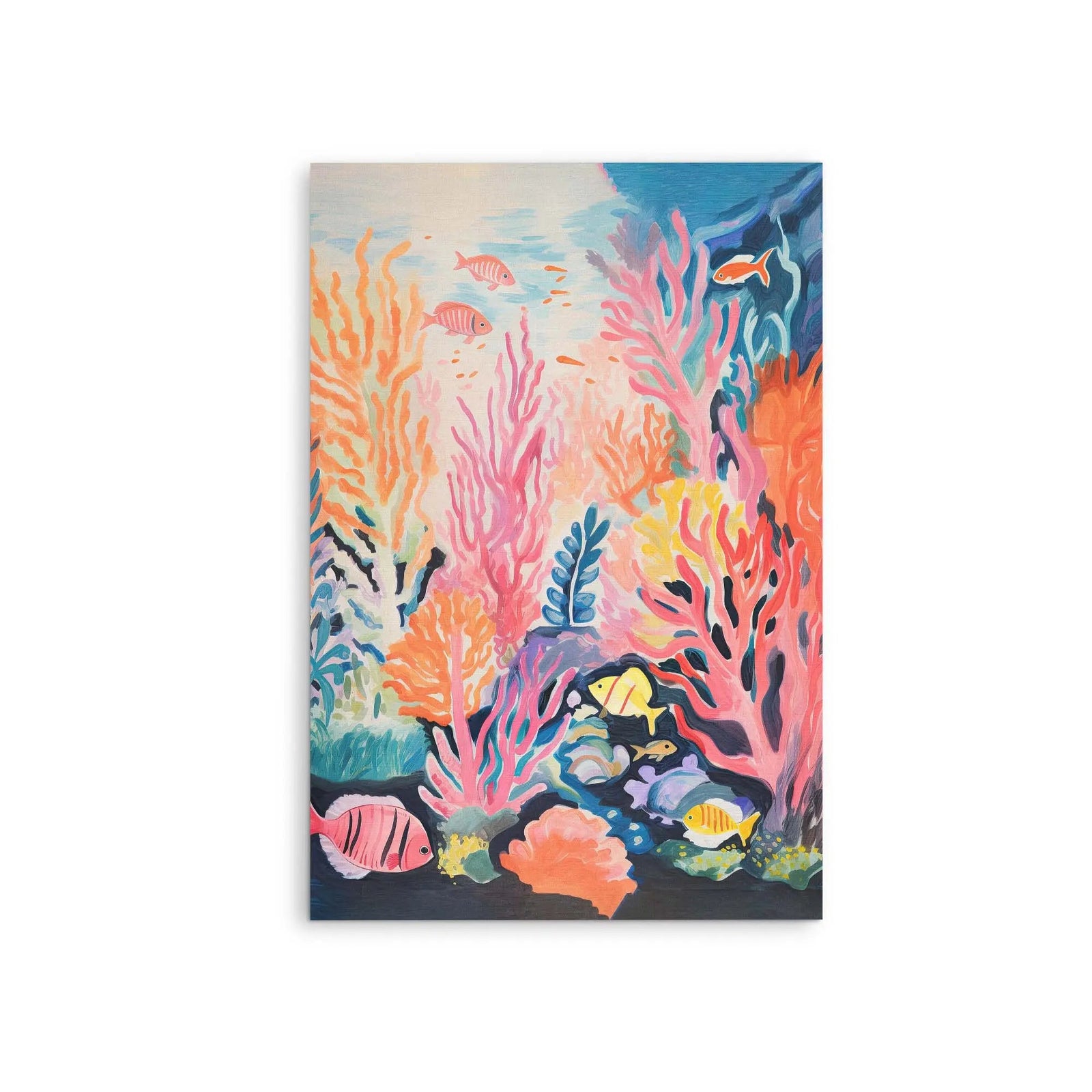 Coral sea colourful kids underwater stretched canvas print featuring vibrant watercolor coral reef and marine life design