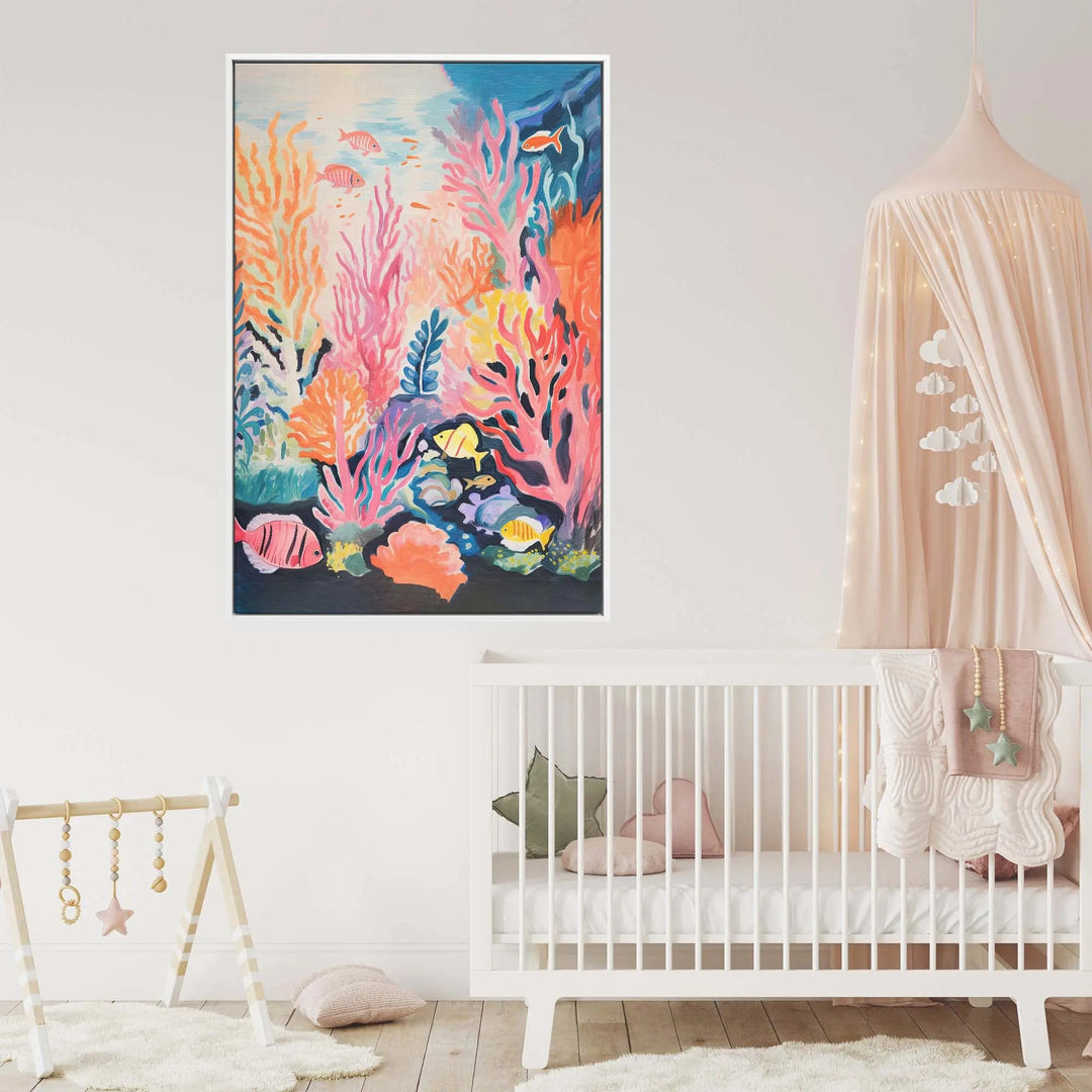 Framed coral sea colourful kids underwater canvas print featuring vibrant coral reef with colorful fish and marine life