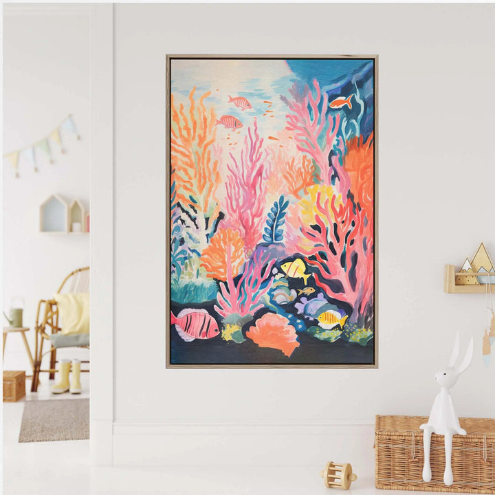Vibrant coral sea colourful kids underwater painting on framed canvas with colorful fish and marine life artwork