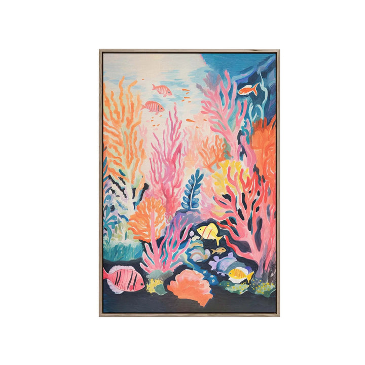 Vibrant coral sea colourful kids underwater stretched canvas print featuring pink orange and blue corals with fish