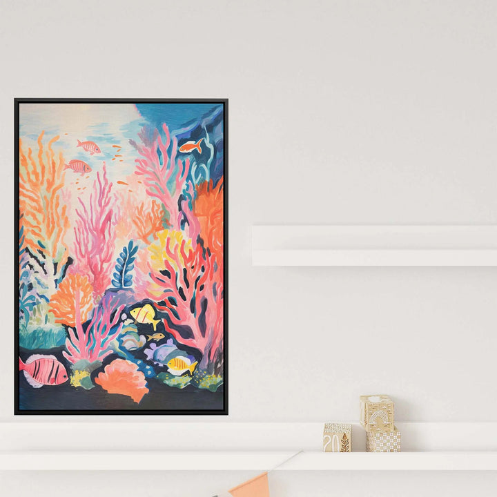 Coral sea colourful kids underwater stretched canvas print with vibrant coral reef artwork in sleek black frame