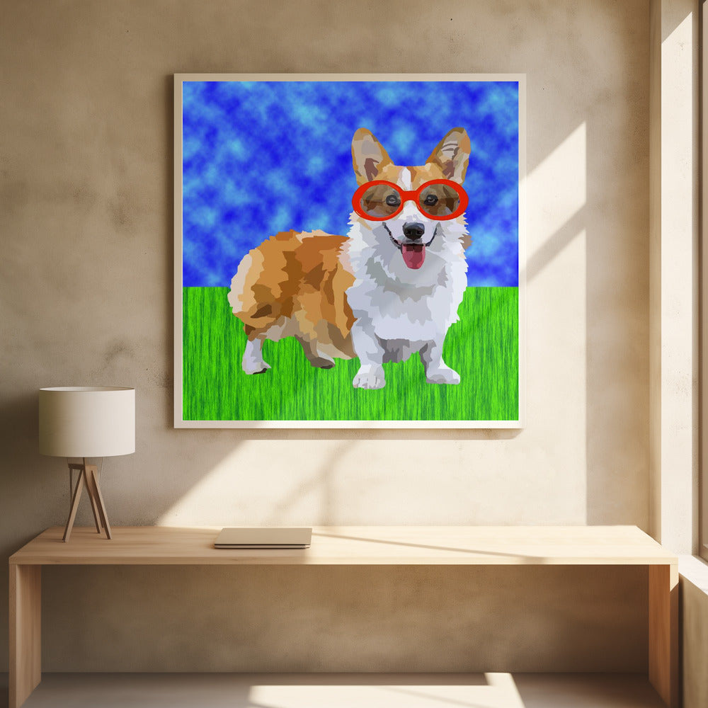 Corgi in Sunglasses - Square Stretched Canvas, Poster or Fine Art Print I Heart Wall Art
