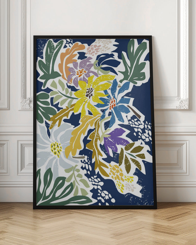 Cosmopolitan Flowers Navy Blue - Stretched Canvas, Poster or Fine Art Print I Heart Wall Art