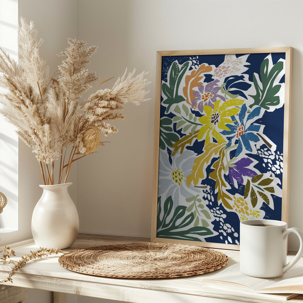 Cosmopolitan Flowers Navy Blue - Stretched Canvas, Poster or Fine Art Print I Heart Wall Art