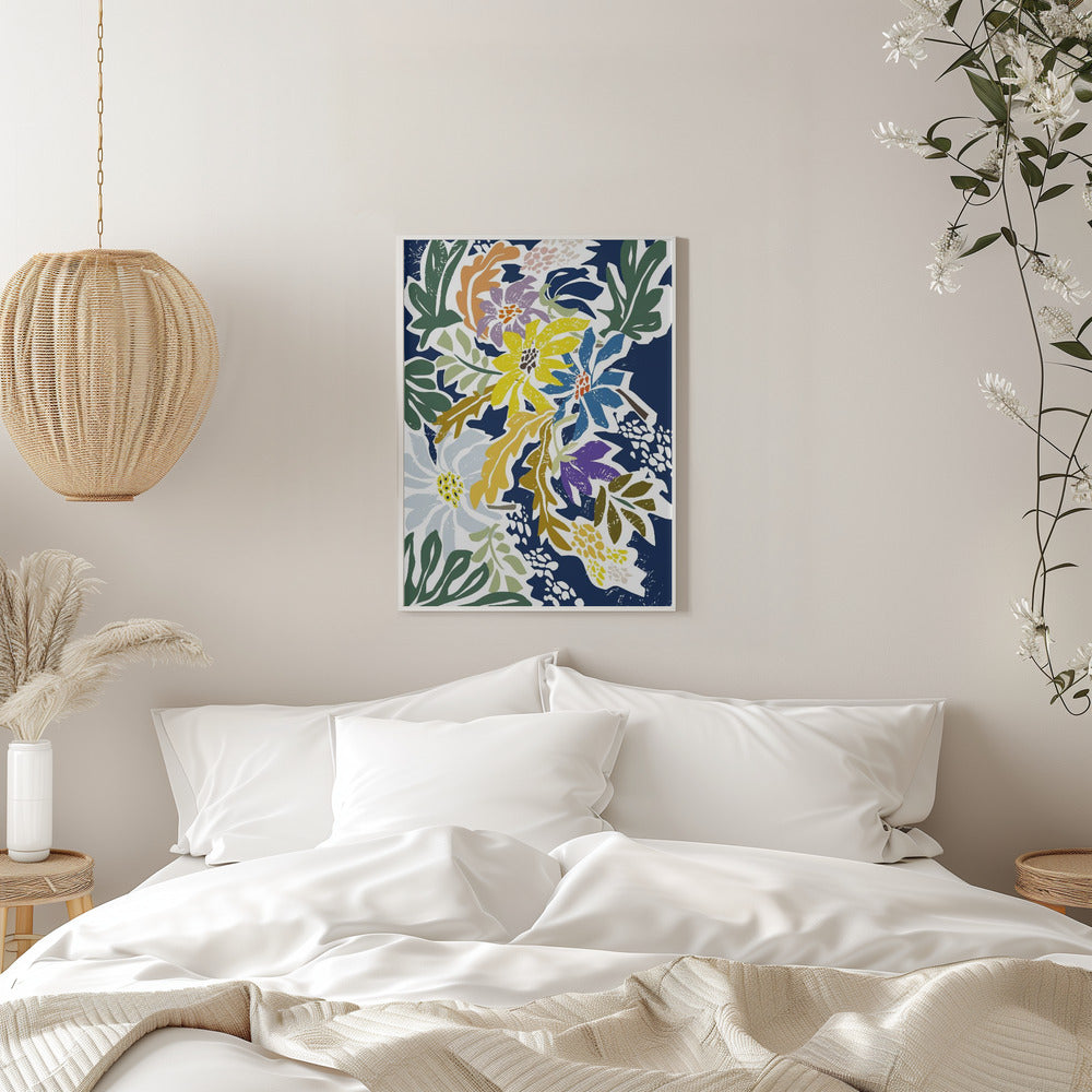 Cosmopolitan Flowers Navy Blue - Stretched Canvas, Poster or Fine Art Print I Heart Wall Art