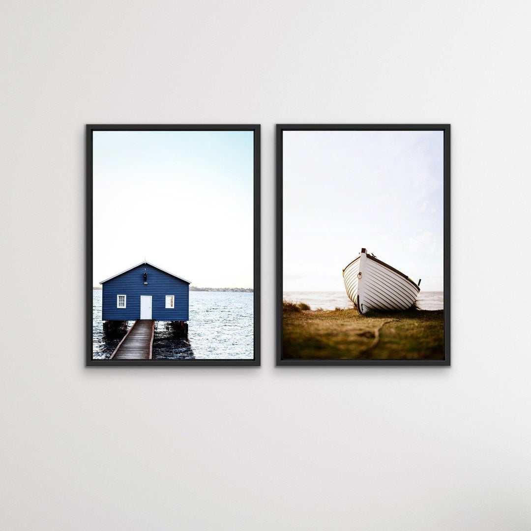Crawley Boathouse and Dinghy - Two Piece Wall Art Dinghy and Boatshed Photographic Artwork Diptych - I Heart Wall Art