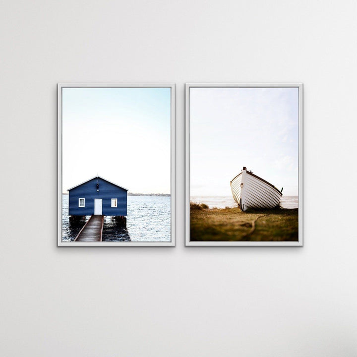 Crawley Boathouse and Dinghy - Two Piece Wall Art Dinghy and Boatshed Photographic Artwork Diptych - I Heart Wall Art