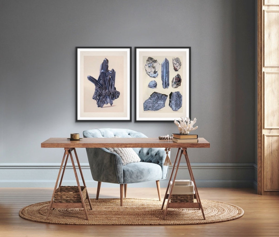 Crystal Identification Charts 19 and 20 - Two Piece Blue Vintage Illustrative Set - I Heart Wall Art - Poster Print, Canvas Print or Framed Art Print