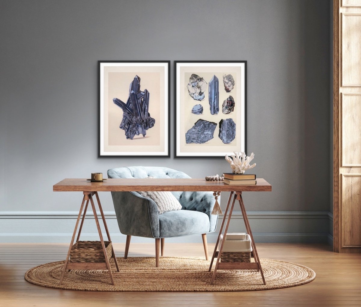 Crystal Identification Charts 19 and 20 - Two Piece Blue Vintage Illustrative Set - I Heart Wall Art - Poster Print, Canvas Print or Framed Art Print