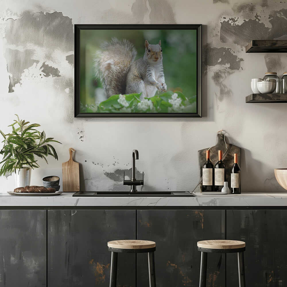 Curious Gray Squirrel - Floral Photographic Stretched Canvas Poster or Fine Art Print