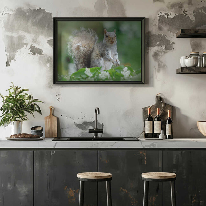 Curious Gray Squirrel - Floral Photographic Stretched Canvas Poster or Fine Art Print