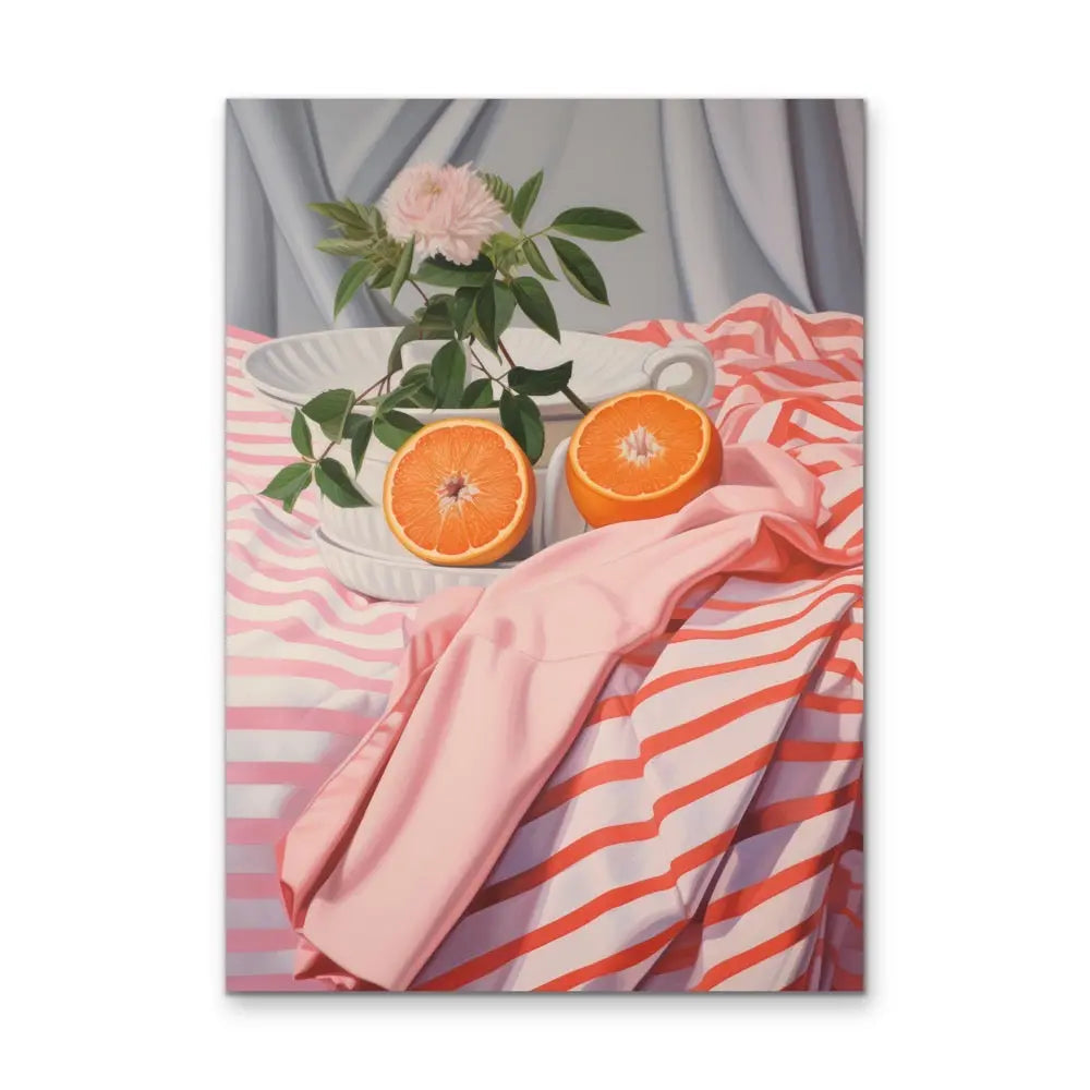 A vibrant still life painting of two halved oranges with bright orange flesh and green leaves on a white plate over pink and coral striped fabric
