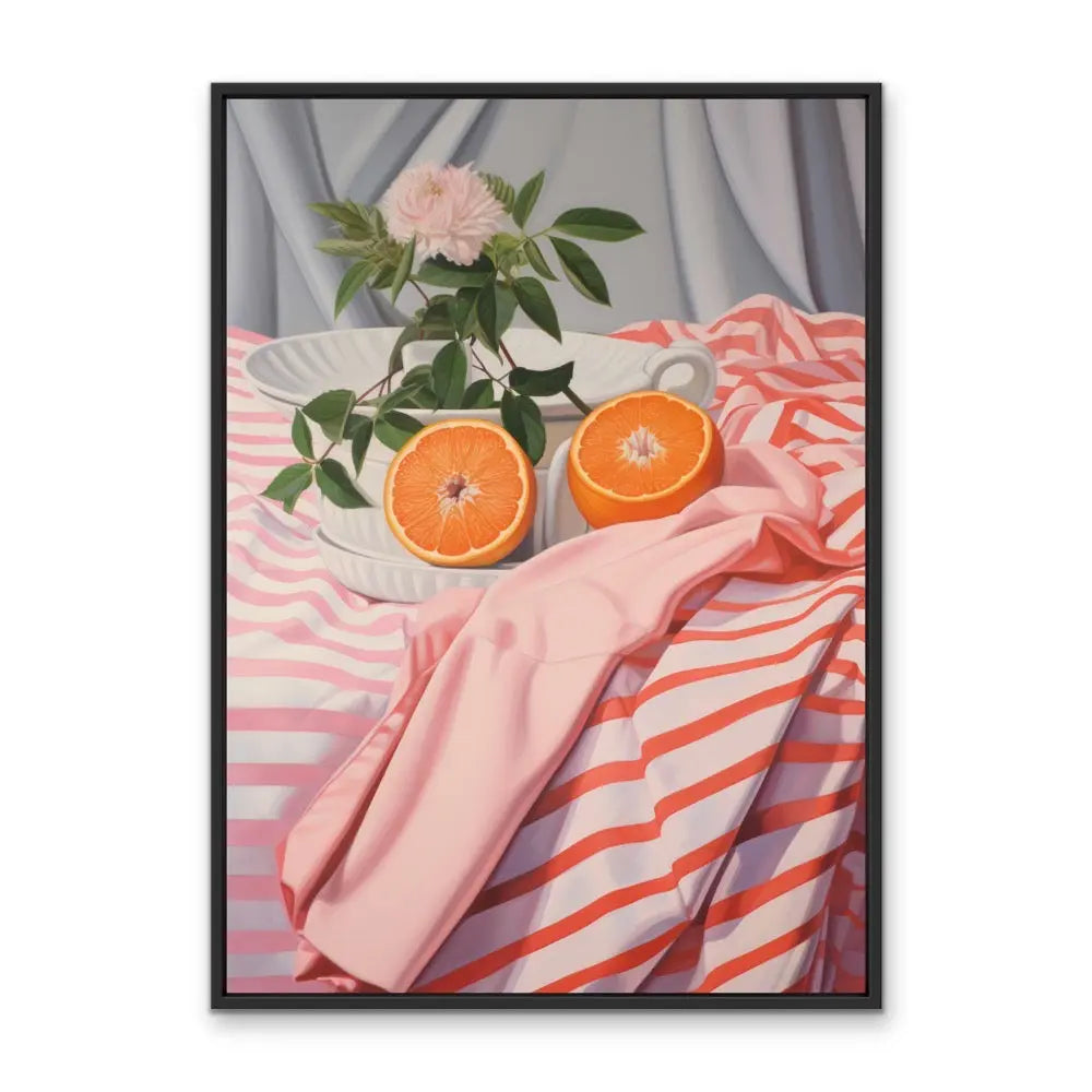 A framed still life painting titled Cut Orange featuring two orange halves and a pink rose in a white ceramic bowl