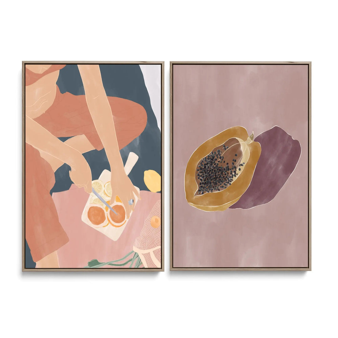 Cutting Grapefruits and Papaya by Ivy Green Illustrations  - Two Piece Stretched Canvas or Art Print Set Diptych I Heart Wall Art Australia 
