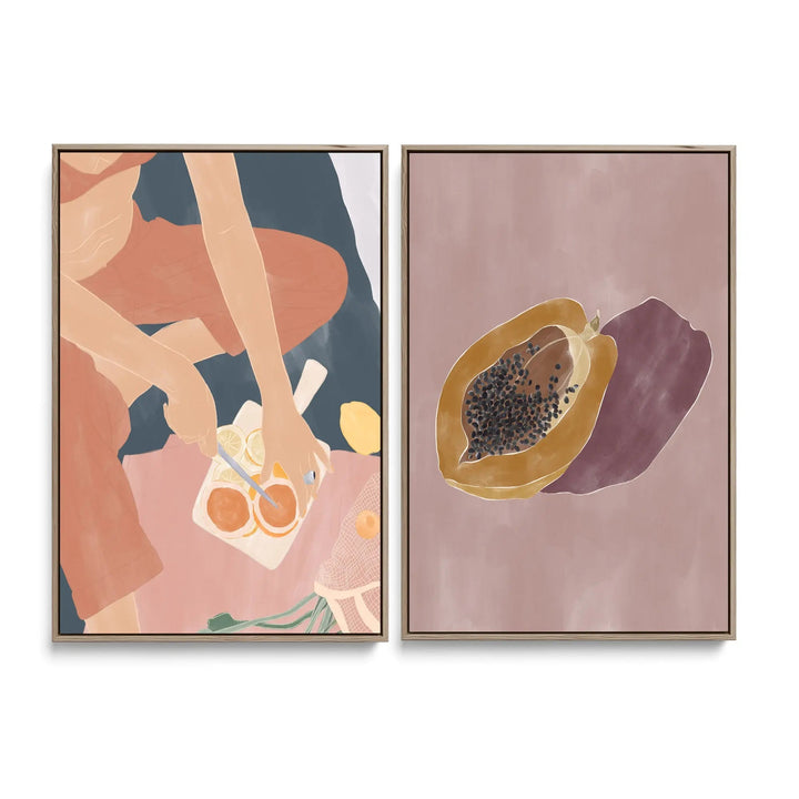 Cutting Grapefruits and Papaya by Ivy Green Illustrations  - Two Piece Stretched Canvas or Art Print Set Diptych I Heart Wall Art Australia 