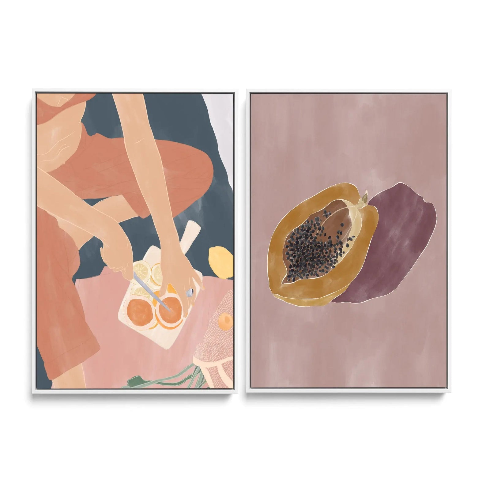 Cutting Grapefruits and Papaya by Ivy Green Illustrations  - Two Piece Stretched Canvas or Art Print Set Diptych I Heart Wall Art Australia 