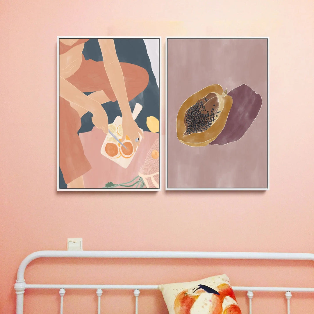 Cutting Grapefruits and Papaya by Ivy Green Illustrations  - Two Piece Stretched Canvas or Art Print Set Diptych I Heart Wall Art Australia 