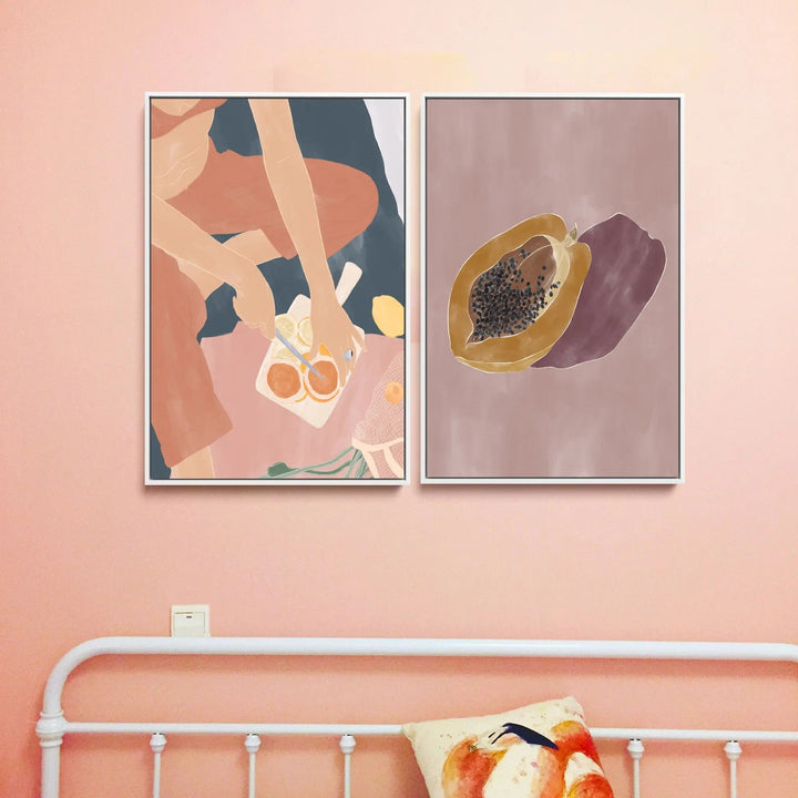 Cutting Grapefruits and Papaya by Ivy Green Illustrations  - Two Piece Stretched Canvas or Art Print Set Diptych I Heart Wall Art Australia 