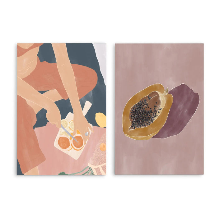 Cutting Grapefruits and Papaya by Ivy Green Illustrations  - Two Piece Stretched Canvas or Art Print Set Diptych I Heart Wall Art Australia 