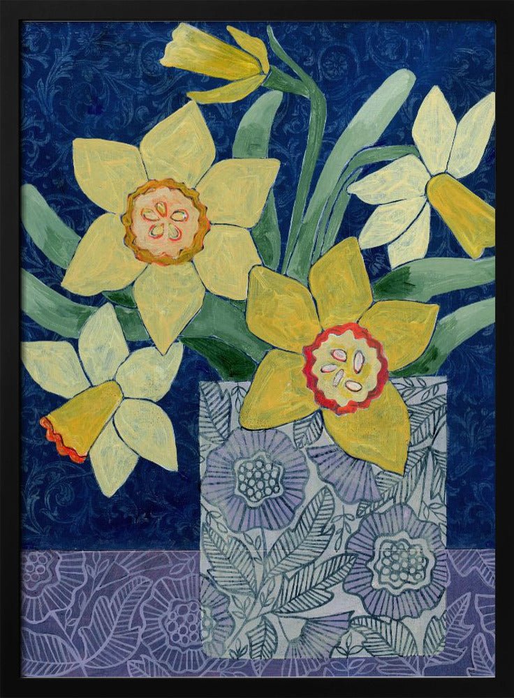 Daffodils In A Patterned Vase - Stretched Canvas, Poster or Fine Art Print - I Heart Wall Art - Poster Print, Canvas Print or Framed Art Print