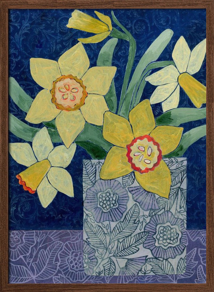 Daffodils In A Patterned Vase - Stretched Canvas, Poster or Fine Art Print - I Heart Wall Art - Poster Print, Canvas Print or Framed Art Print