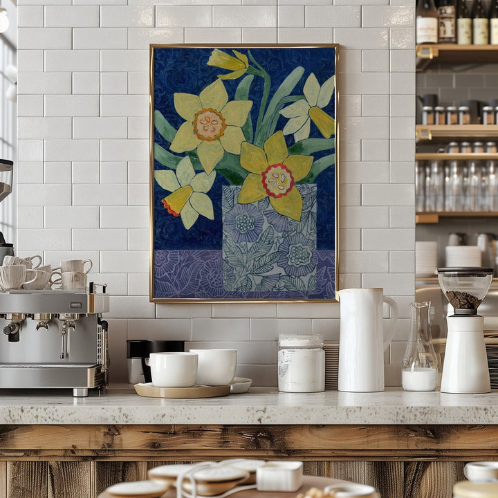Daffodils In A Patterned Vase - Stretched Canvas, Poster or Fine Art Print - I Heart Wall Art - Poster Print, Canvas Print or Framed Art Print