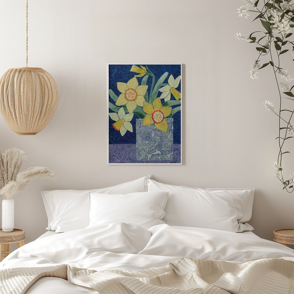 Daffodils In A Patterned Vase - Stretched Canvas, Poster or Fine Art Print - I Heart Wall Art - Poster Print, Canvas Print or Framed Art Print