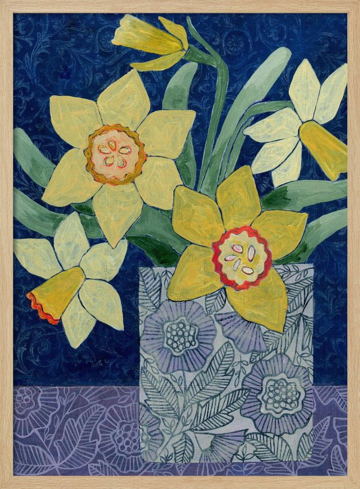 Daffodils In A Patterned Vase - Stretched Canvas, Poster or Fine Art Print - I Heart Wall Art - Poster Print, Canvas Print or Framed Art Print