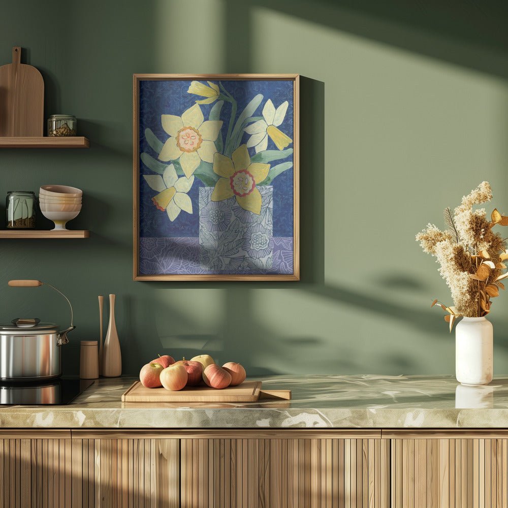 Daffodils In A Patterned Vase - Stretched Canvas, Poster or Fine Art Print - I Heart Wall Art - Poster Print, Canvas Print or Framed Art Print
