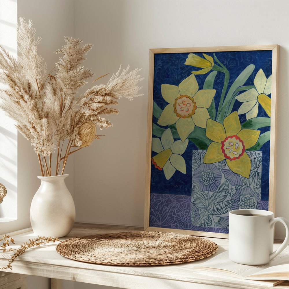 Daffodils In A Patterned Vase - Stretched Canvas, Poster or Fine Art Print - I Heart Wall Art - Poster Print, Canvas Print or Framed Art Print