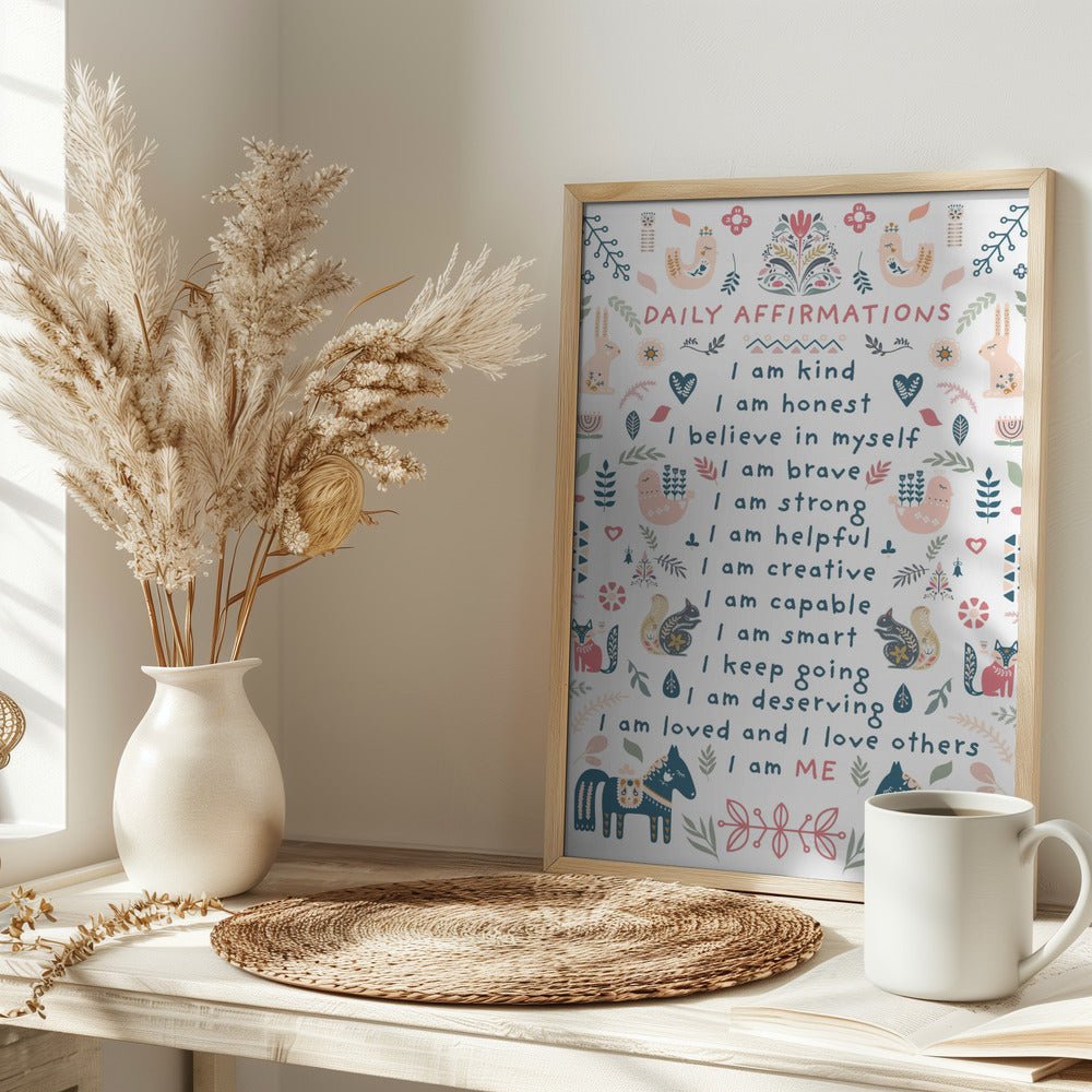 Daily Affirmations Nordic Folk - Stretched Canvas, Poster or Fine Art Print - I Heart Wall Art - Poster Print, Canvas Print or Framed Art Print
