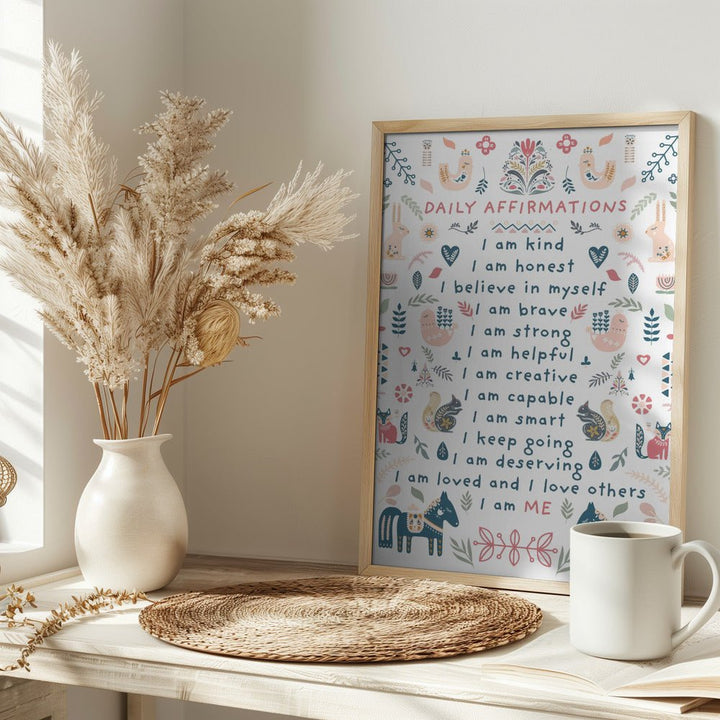 Daily Affirmations Nordic Folk - Stretched Canvas, Poster or Fine Art Print - I Heart Wall Art - Poster Print, Canvas Print or Framed Art Print