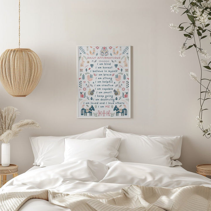 Daily Affirmations Nordic Folk - Stretched Canvas, Poster or Fine Art Print - I Heart Wall Art - Poster Print, Canvas Print or Framed Art Print