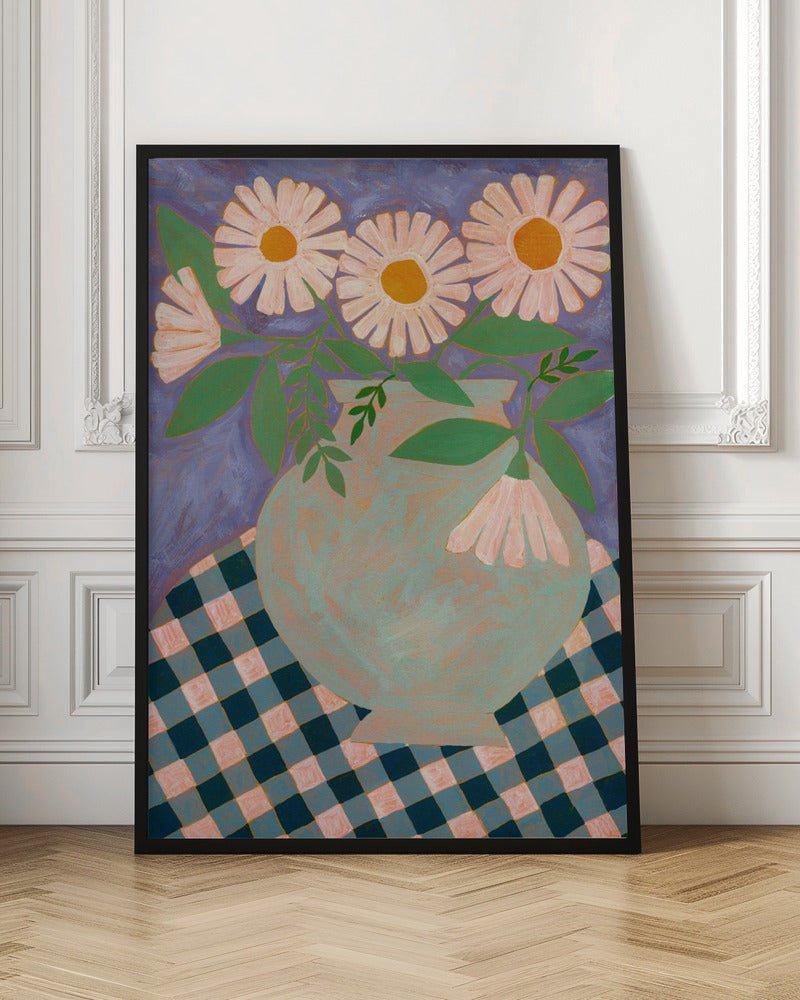 Daisies In An Aqua Blue Vase - Stretched Canvas, Poster or Fine Art Print - I Heart Wall Art - Poster Print, Canvas Print or Framed Art Print