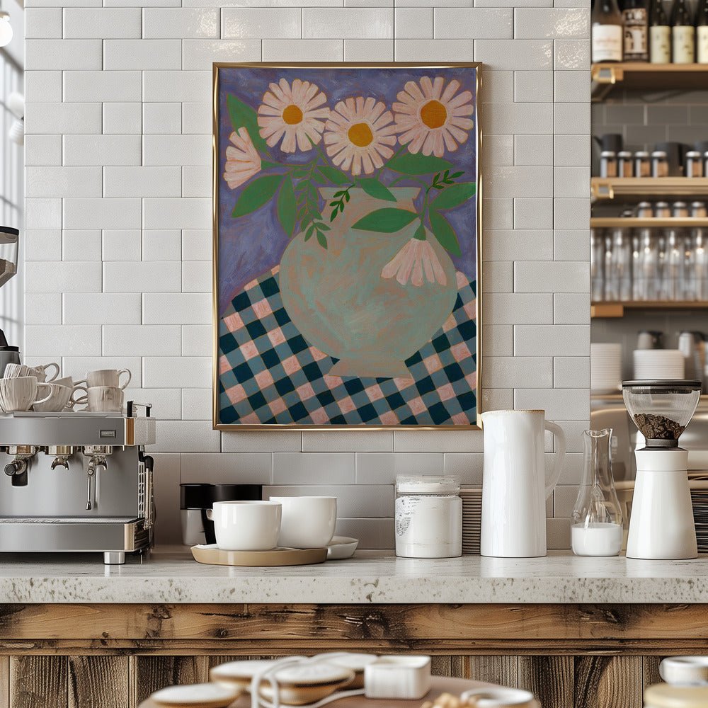 Daisies In An Aqua Blue Vase - Stretched Canvas, Poster or Fine Art Print - I Heart Wall Art - Poster Print, Canvas Print or Framed Art Print