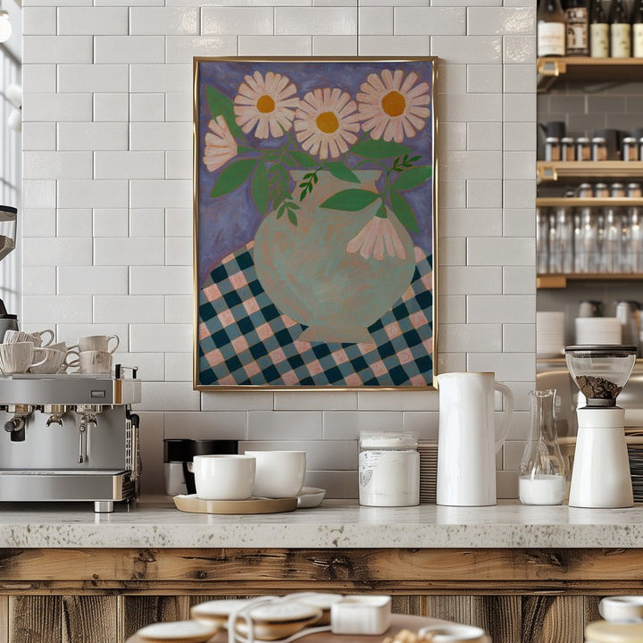 Daisies In An Aqua Blue Vase - Stretched Canvas, Poster or Fine Art Print - I Heart Wall Art - Poster Print, Canvas Print or Framed Art Print