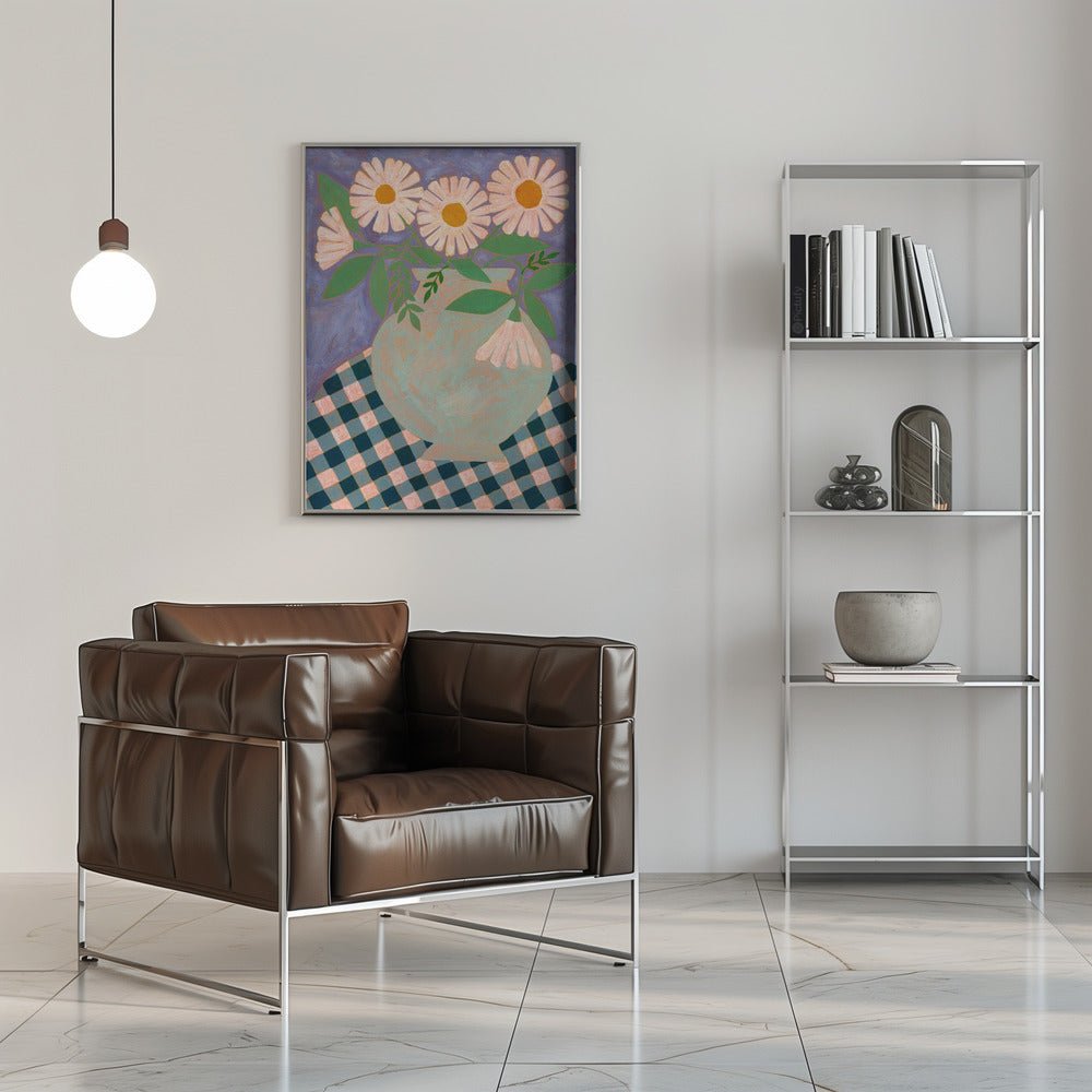 Daisies In An Aqua Blue Vase - Stretched Canvas, Poster or Fine Art Print - I Heart Wall Art - Poster Print, Canvas Print or Framed Art Print