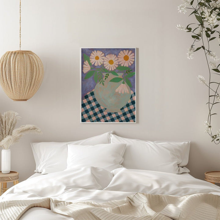 Daisies In An Aqua Blue Vase - Stretched Canvas, Poster or Fine Art Print - I Heart Wall Art - Poster Print, Canvas Print or Framed Art Print