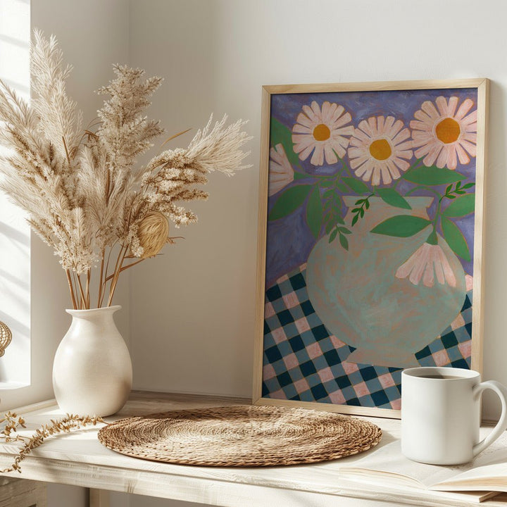 Daisies In An Aqua Blue Vase - Stretched Canvas, Poster or Fine Art Print - I Heart Wall Art - Poster Print, Canvas Print or Framed Art Print