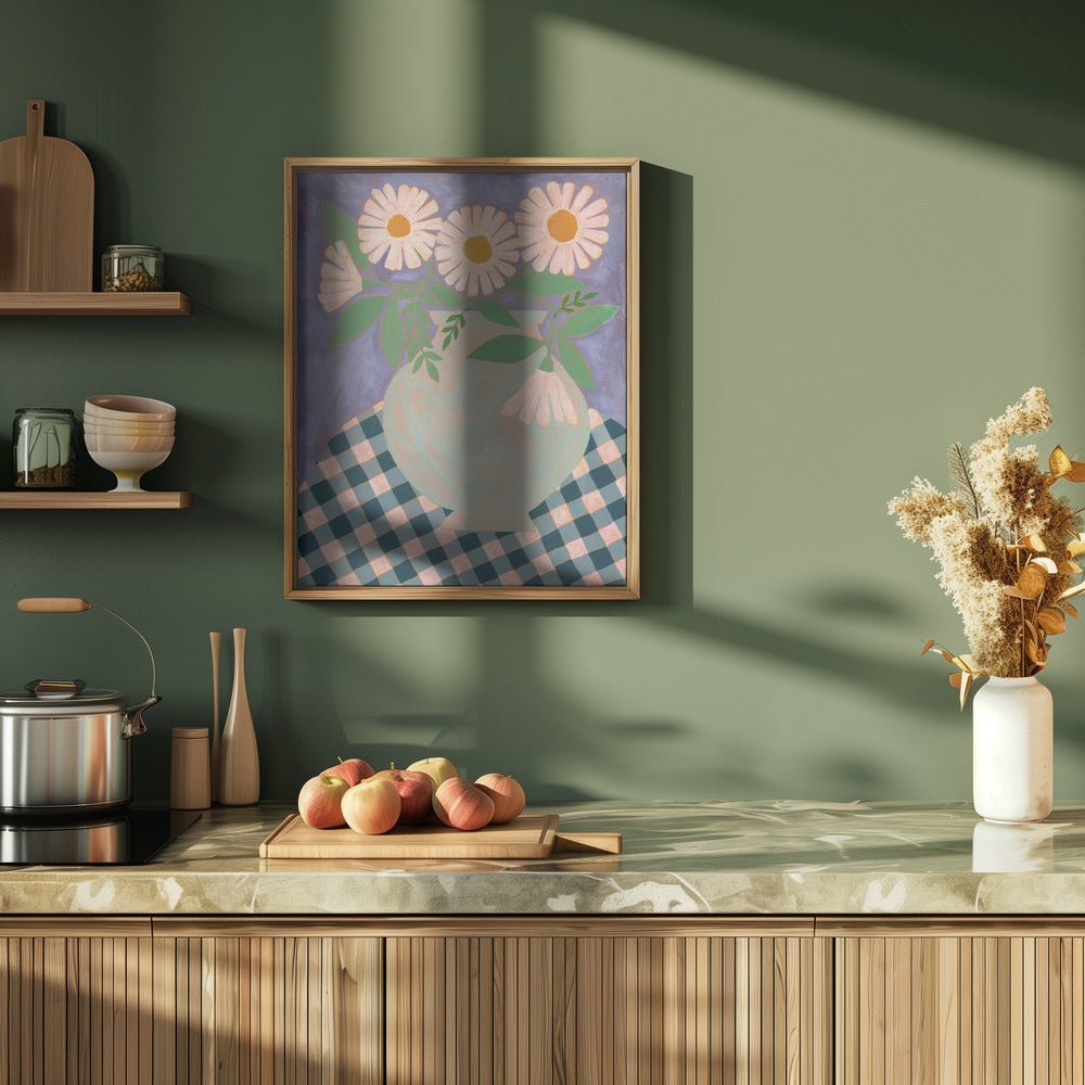 Daisies In An Aqua Blue Vase - Stretched Canvas, Poster or Fine Art Print - I Heart Wall Art - Poster Print, Canvas Print or Framed Art Print