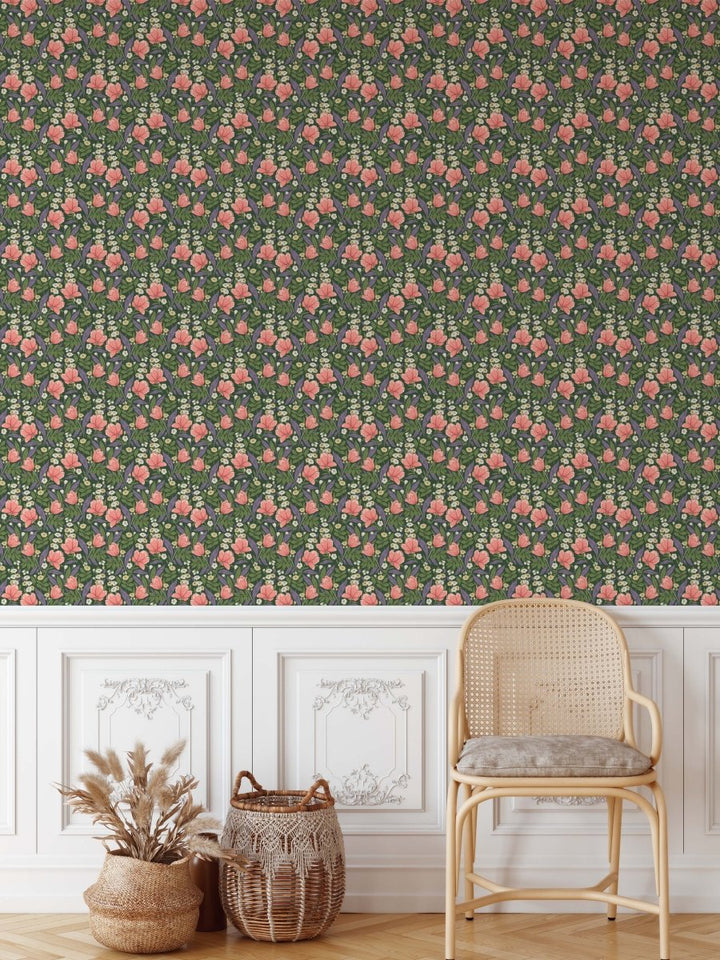 Daisies &amp; Petals - Vintage Green &amp; Pink Peel &amp; Stick Wallpaper - I Heart Wall Art - Poster Print, Canvas Print or Framed Art Print
