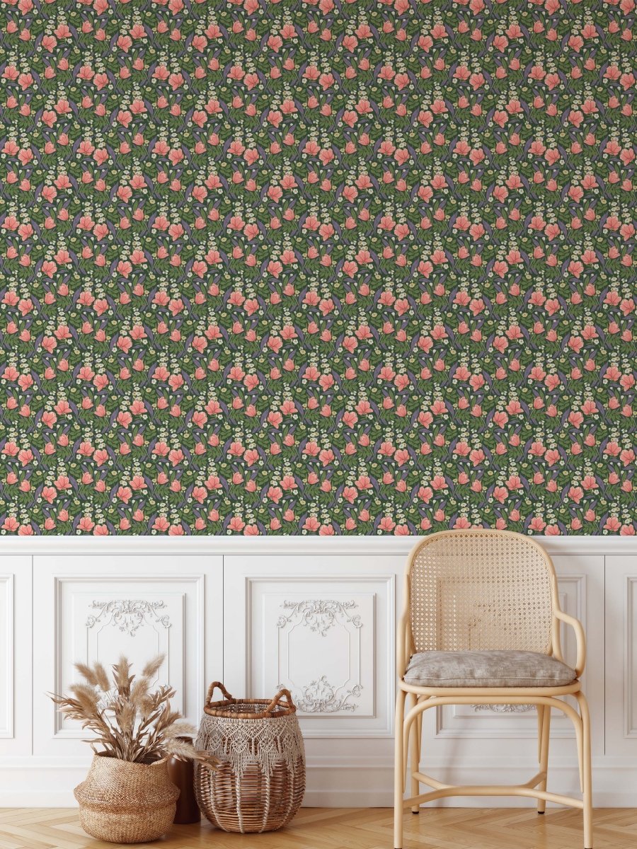 Daisies & Petals - Vintage Green & Pink Peel & Stick Wallpaper - I Heart Wall Art - Poster Print, Canvas Print or Framed Art Print