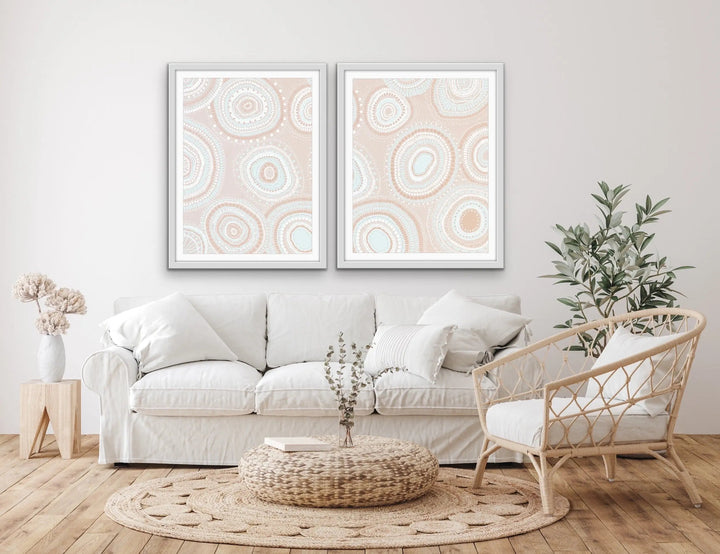 Dancing Bora Rings Edition Two - Blush - Two Piece Aboriginal Art Print Set by Leah Cummins I Heart Wall Art Australia 
