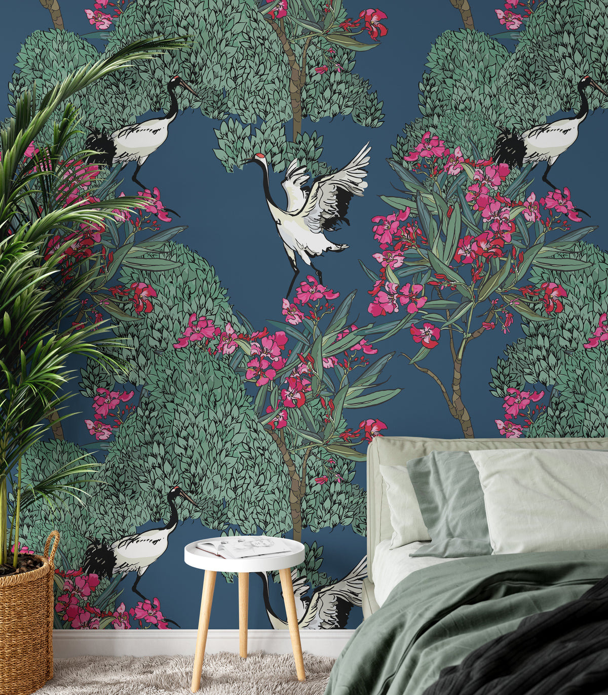 Dancing Crane - Blue Wallpaper With Pink Flowers and Birds