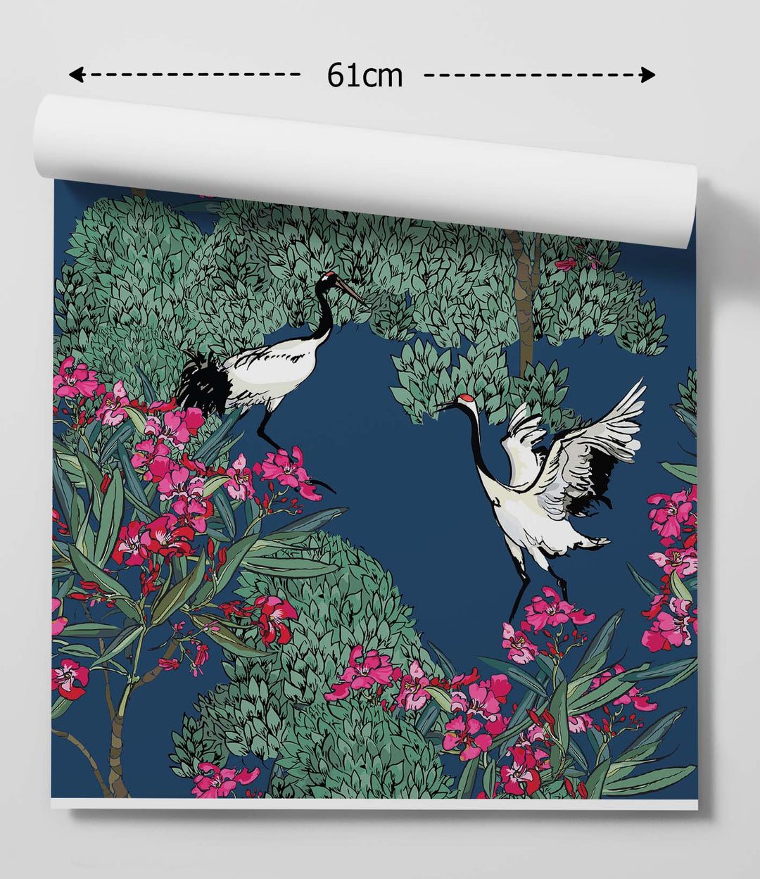 Dancing Crane - Blue Wallpaper With Pink Flowers and Birds