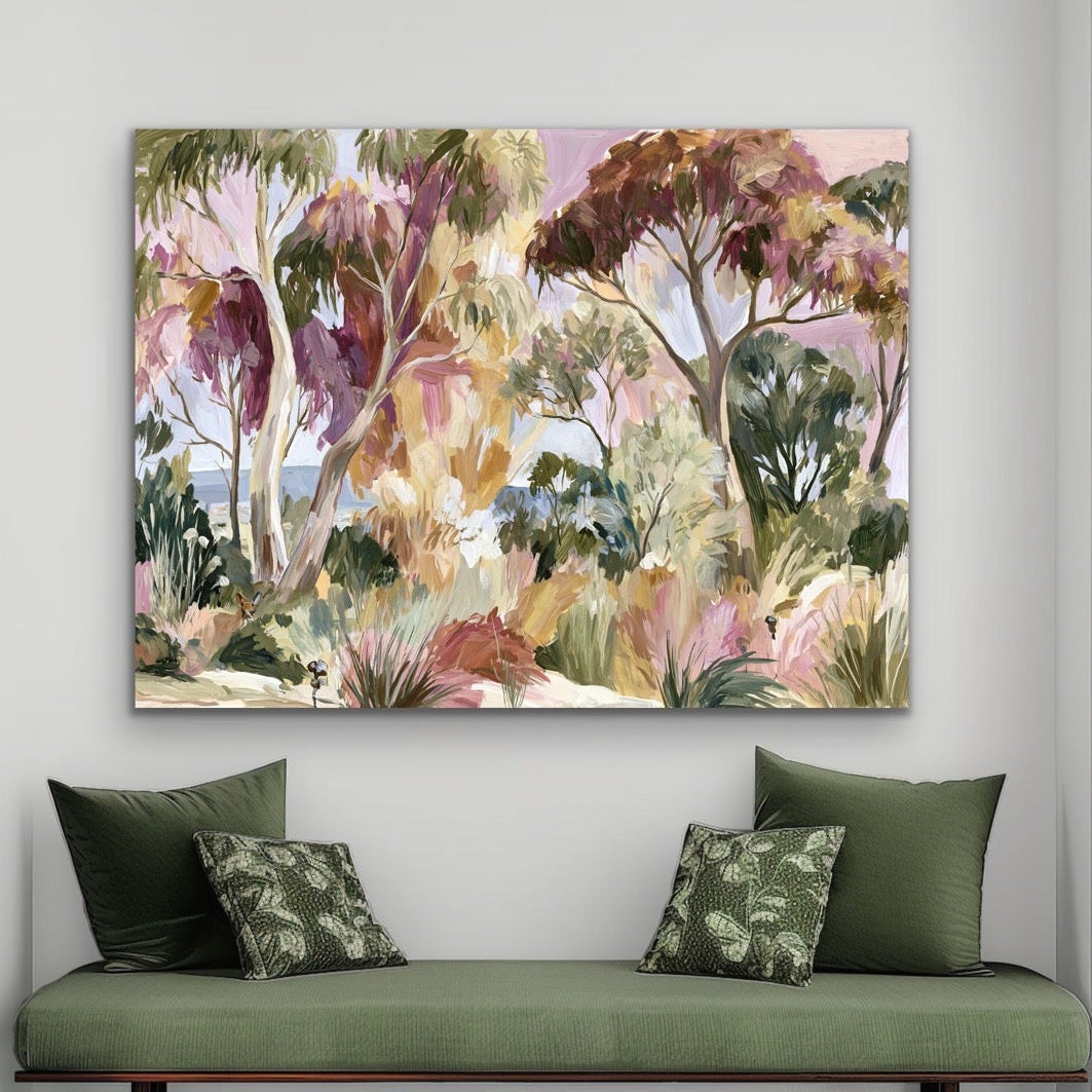 Modern interior with a bench, decorative pillows, and a colorful forest painting on the wall.